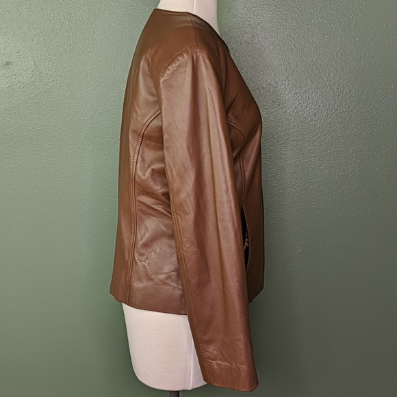 Bernardo Leather Classic Round Neck Carmel Jacket - Picture 4 of 8